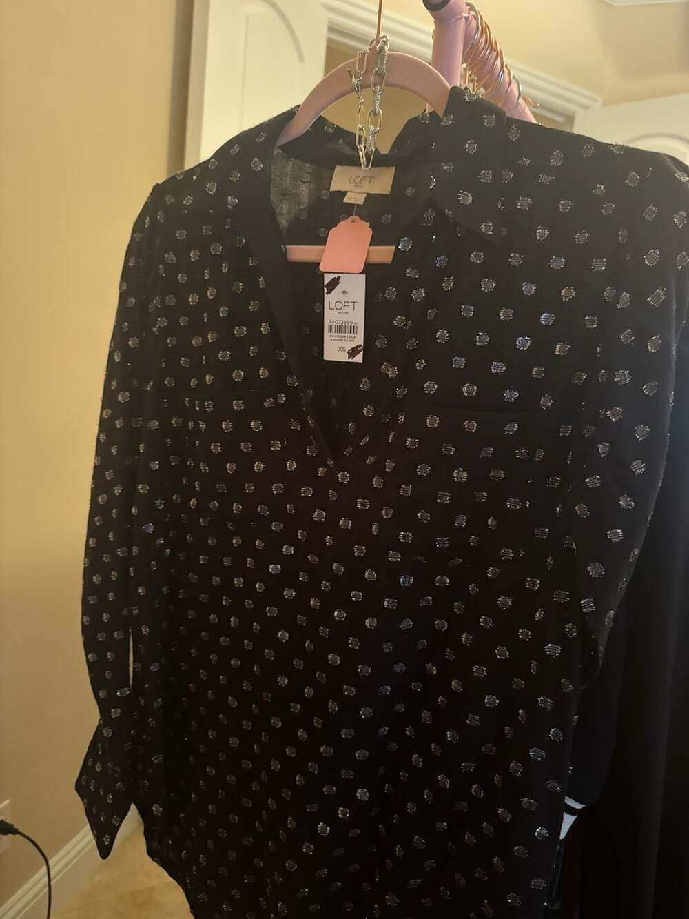 Ann Taylor Factory Navy Blue & White Polka Dot Long Sleeve Top XS